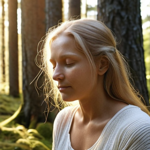 Home 15 **
Prompt: A serene woman practicing self-compassion in a sunlit Swedish forest, embracing herself with kindness. Soft, natural lighting, focus on her gentle expression and connection to nature. Depict a calm and peaceful scene emphasizing mental well-being.
**