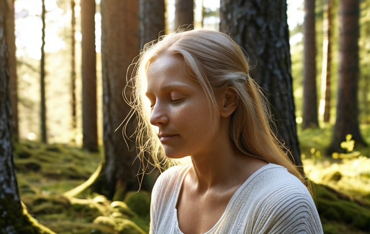 **
Prompt: A serene woman practicing self-compassion in a sunlit Swedish forest, embracing herself with kindness. Soft, natural lighting, focus on her gentle expression and connection to nature. Depict a calm and peaceful scene emphasizing mental well-being.
**