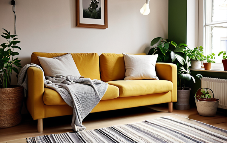 **
Cozy Swedish home interior. Soft blankets and pillows on a comfortable sofa. Green plants in pots around the room. Warm, inviting light. Focus on creating a sense of calm and visual declutter.
**