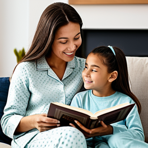 Home 7 A loving parent and their child, approximately 6-8 years old, sitting together in a warmly lit, cozy living room. The parent is fully clothed in modest, comfortable home attire, gently reading a storybook to the child, who is also fully clothed in appropriate, family-friendly pajamas. Their bodies are positioned naturally, showcasing perfect anatomy and correct proportions, with well-formed hands holding the book. The room features soft textures, a bookshelf, and a sense of calm domesticity in the background. The atmosphere is serene and nurturing, emphasizing connection and security. safe for work, appropriate content, fully clothed, modest, natural pose, professional photography, high quality.