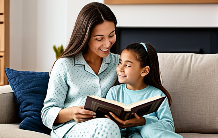 A loving parent and their child, approximately 6-8 years old, sitting together in a warmly lit, cozy living room. The parent is fully clothed in modest, comfortable home attire, gently reading a storybook to the child, who is also fully clothed in appropriate, family-friendly pajamas. Their bodies are positioned naturally, showcasing perfect anatomy and correct proportions, with well-formed hands holding the book. The room features soft textures, a bookshelf, and a sense of calm domesticity in the background. The atmosphere is serene and nurturing, emphasizing connection and security. safe for work, appropriate content, fully clothed, modest, natural pose, professional photography, high quality.